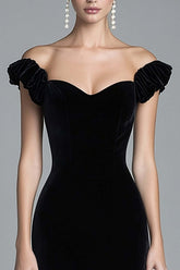 Mermaid Black Wedding Guest Dress Velvet Off The Shoulder Long Formal Dress